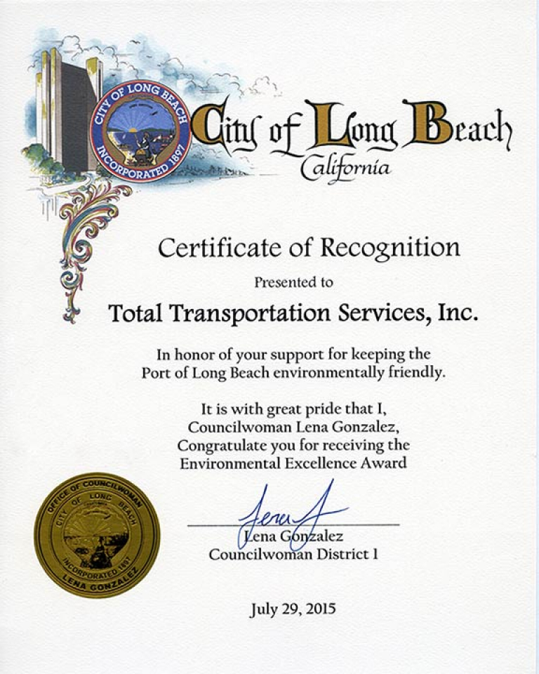Long Beach City Councilwoman 1st District, Lena Gonzalez, congratulates TTSI for receiving the 2015 10 Years of Environmental Excellence Award.