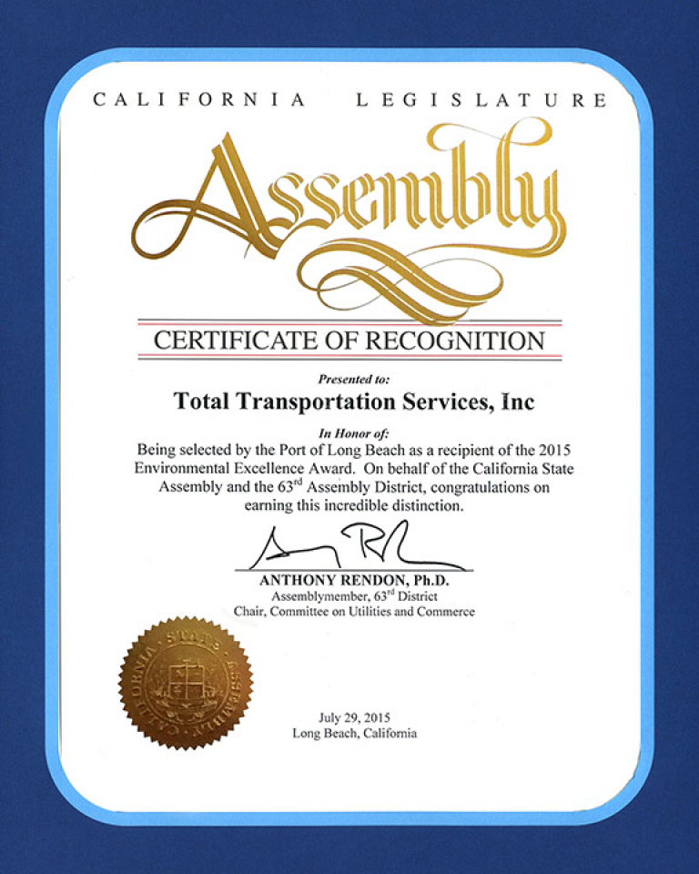California State Assembly honors TTSI for receiving the 2015 10 Years of Environmental Excellence Award.