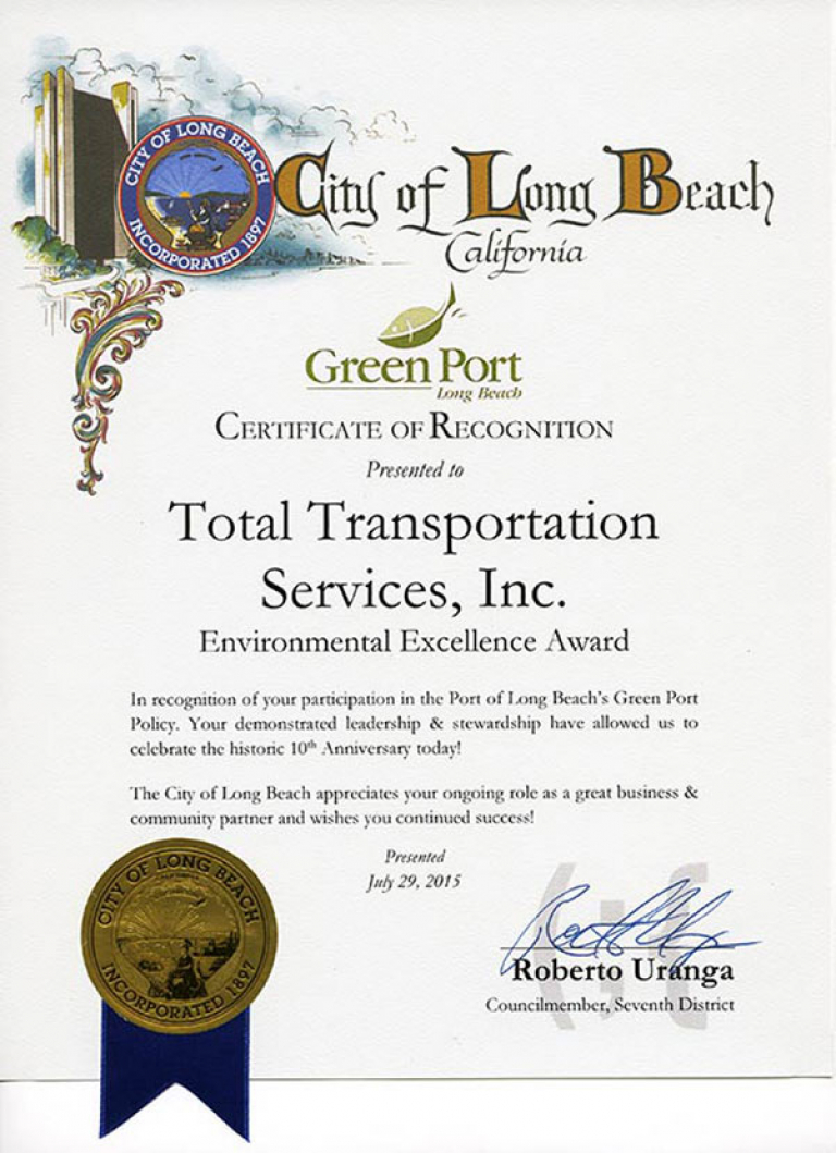 City of Long Beach Green Port recognizes TTSI for receiving the 2015 10 Years of Environmental Excellence Award.