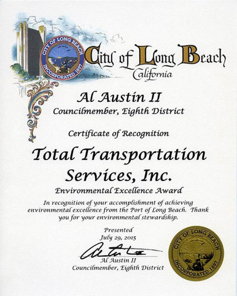 Long Beach City Council Member 8th District, Al Austin II, recognizes TTSI for receiving the 2015 10 Years of Environmental Excellence Award.