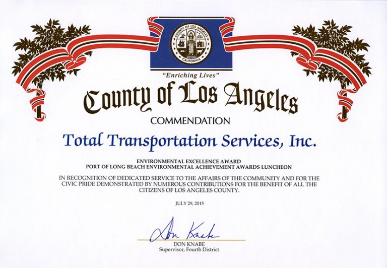 Los Angeles County Supervisor 4th District, Don Knabe, commends TTSI for receiving the 2015 10 Years of Environmental Excellence Award